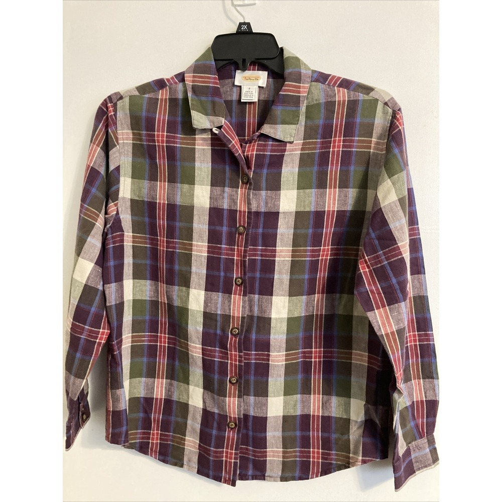 Talbots Women's Shirt Small Check Plaid Button Linen Blend #391